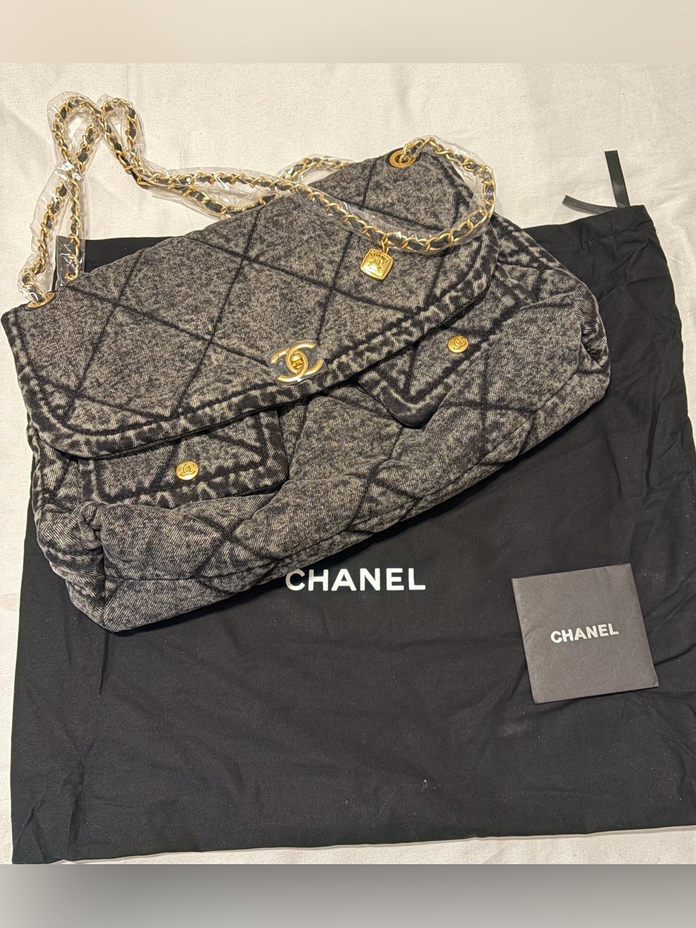 Fashion Mono 19 Quilted Black Denim Shoulder Bag